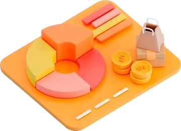 Ilustración 3D de gráficos de ventas con monedas y una bolsa de la compra