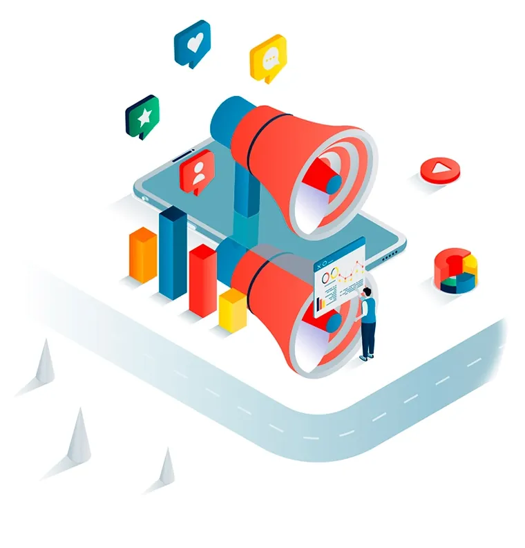 Ilustración de un megáfono sobre gráficos de presencia en internet