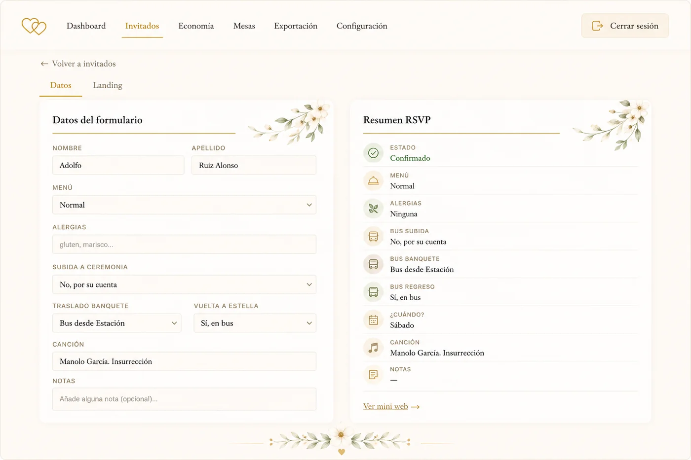 Ficha de invitado con datos del formulario y resumen RSVP