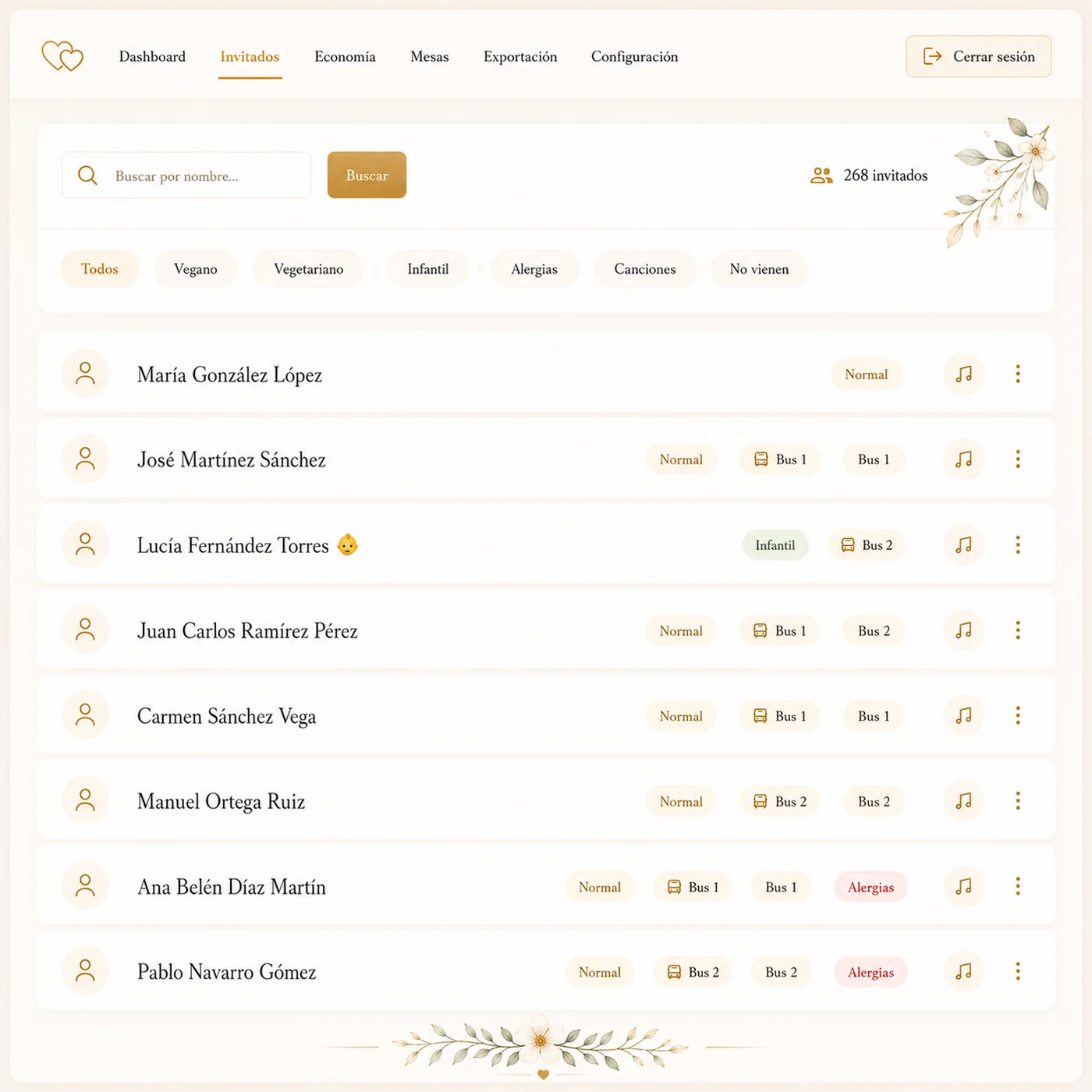 Lista de invitados con buscador, filtros y badges de bus, alergias y menú