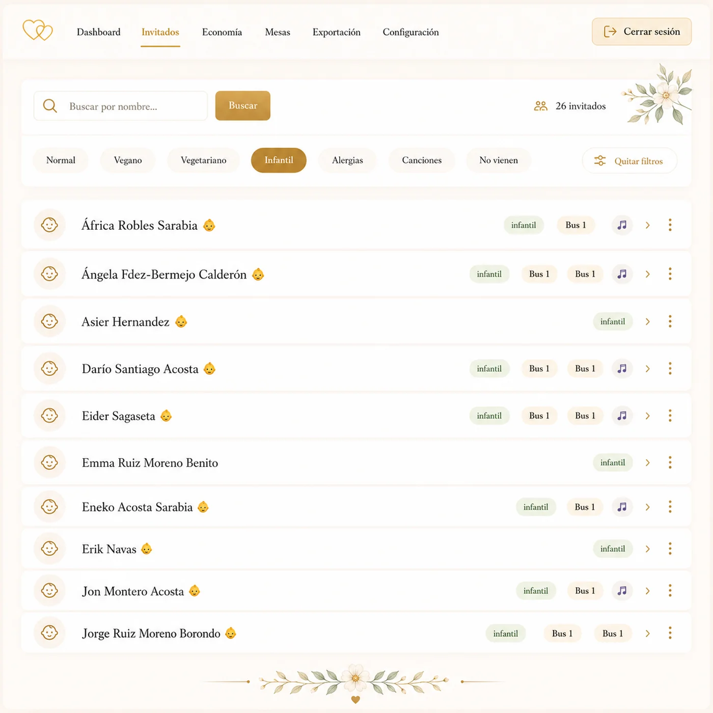 Filtros de menú e infantil aplicados sobre la lista de invitados, contador en vivo